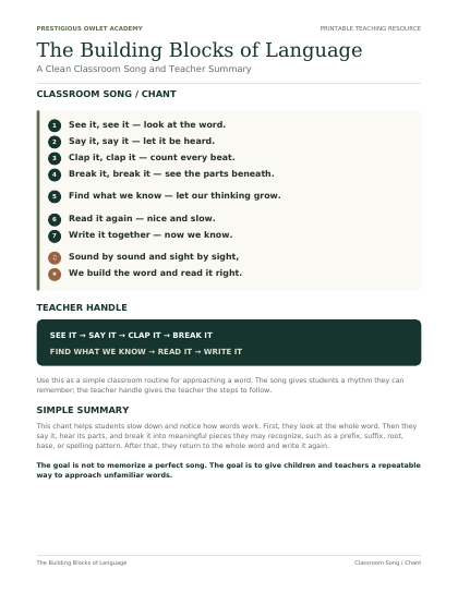 Classroom Song and Teacher Summary printable preview